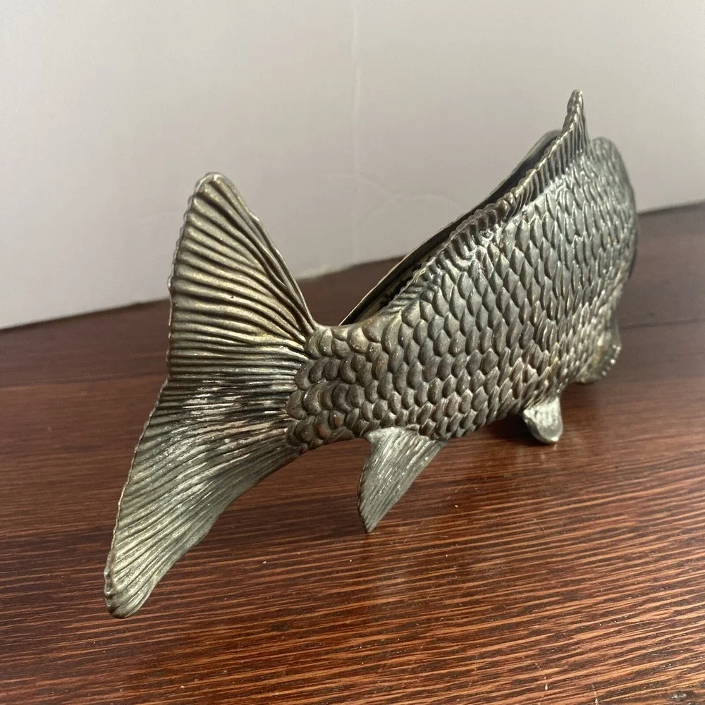 Vintage Silver Pewter? Fish Letter Card Holder Desk Accessory 9